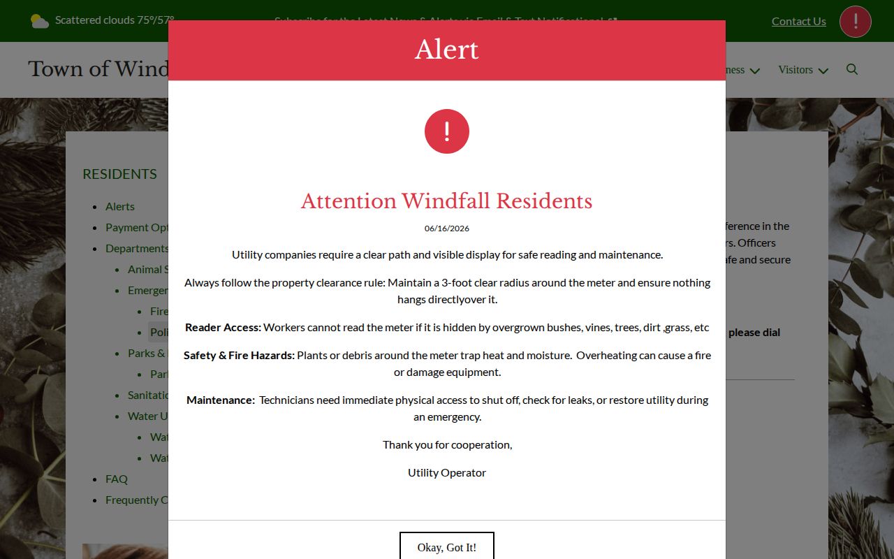 Windfall City Police Department arrest record contact page